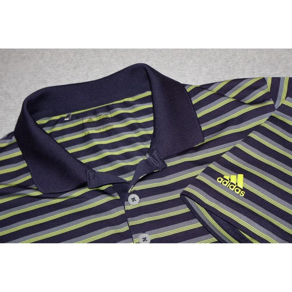 Adidas Golf Shirt Mens Medium Blue Neon Green Striped Short Sleeve Polo